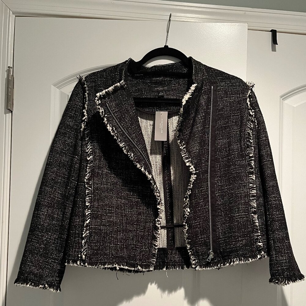 Ann Taylor Black and White Tweed Jacket with Fringe, size small petite
